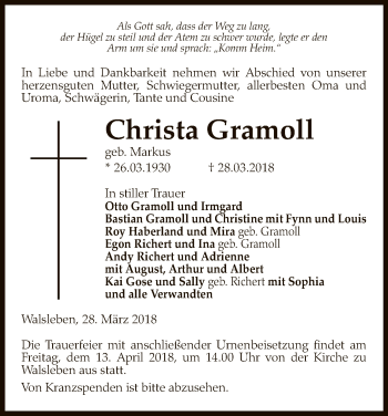 Traueranzeige von Christa Gramoll von Uelzen