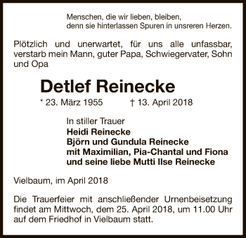 Traueranzeige von Detlef Reinecke von Uelzen