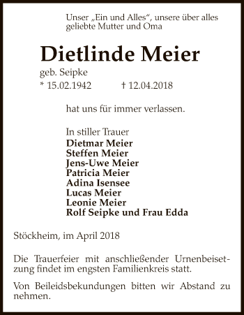 Traueranzeige von Dietlinde Meier von Uelzen