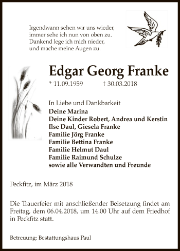 Traueranzeige von Edgar Georg Franke von Uelzen