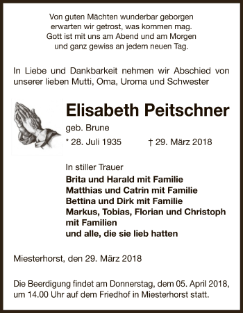 Traueranzeige von Elisabeth Peitschner von Uelzen