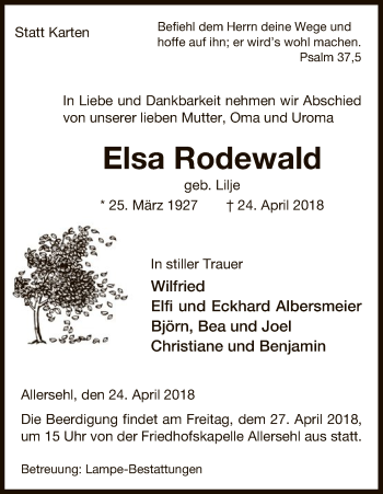 Traueranzeige von Elsa Rodewald von Uelzen