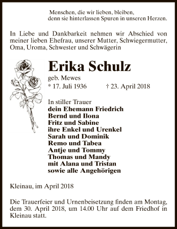 Traueranzeige von Erika Schulz von Uelzen