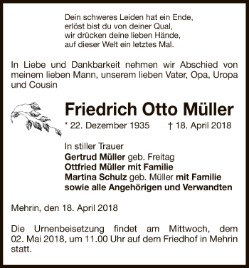 Traueranzeige von Friedrich Otto Müller von Uelzen