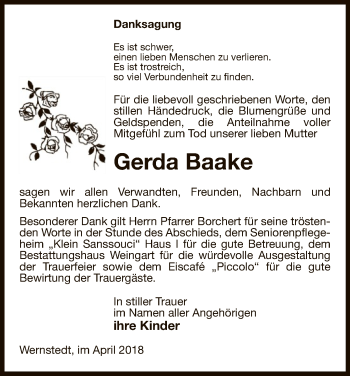 Traueranzeige von Gerda Baake von Uelzen