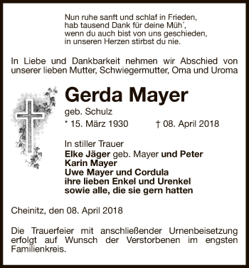 Traueranzeige von Gerda Mayer von Uelzen