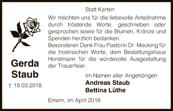 Traueranzeige von Gerda Staub von Uelzen