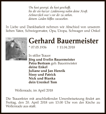 Traueranzeige von Gerhard Bauermeister von Uelzen