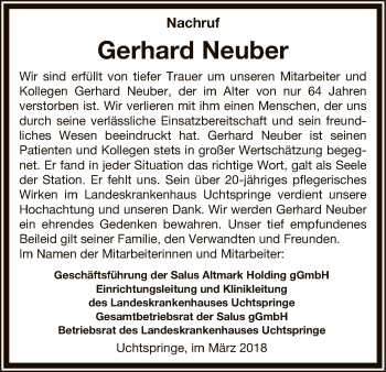 Traueranzeige von Gerhard Neuber von Uelzen