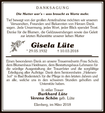 Traueranzeige von Gisela Lüte von Uelzen