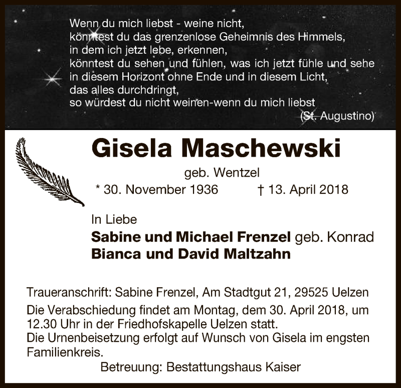  Traueranzeige für Gisela Maschewski vom 26.04.2018 aus Uelzen
