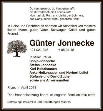 Traueranzeige von Günter Jonnecke von Uelzen