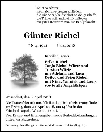 Traueranzeige von Günter Richel von Uelzen