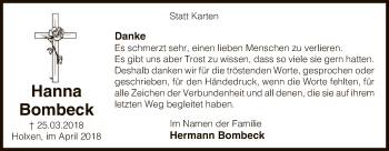 Traueranzeige von Hanna Bombeck von Uelzen