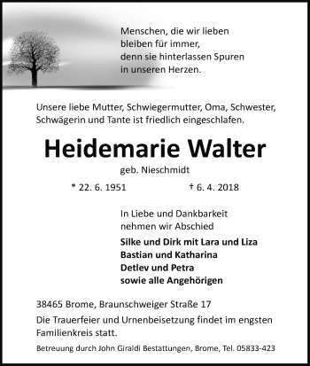 Traueranzeige von Heidemarie Walter von Uelzen