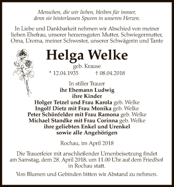 Traueranzeige von Helga Welke von Uelzen