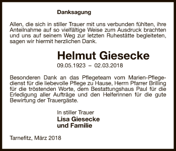 Traueranzeige von Helmut Giesecke von Uelzen