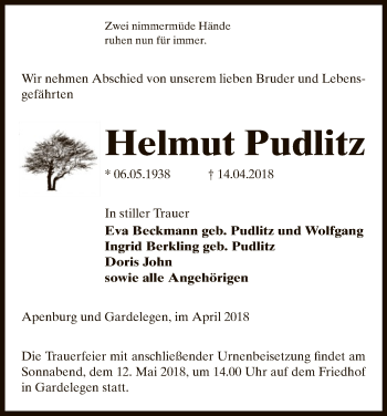 Traueranzeige von Helmut Pudlitz von Uelzen