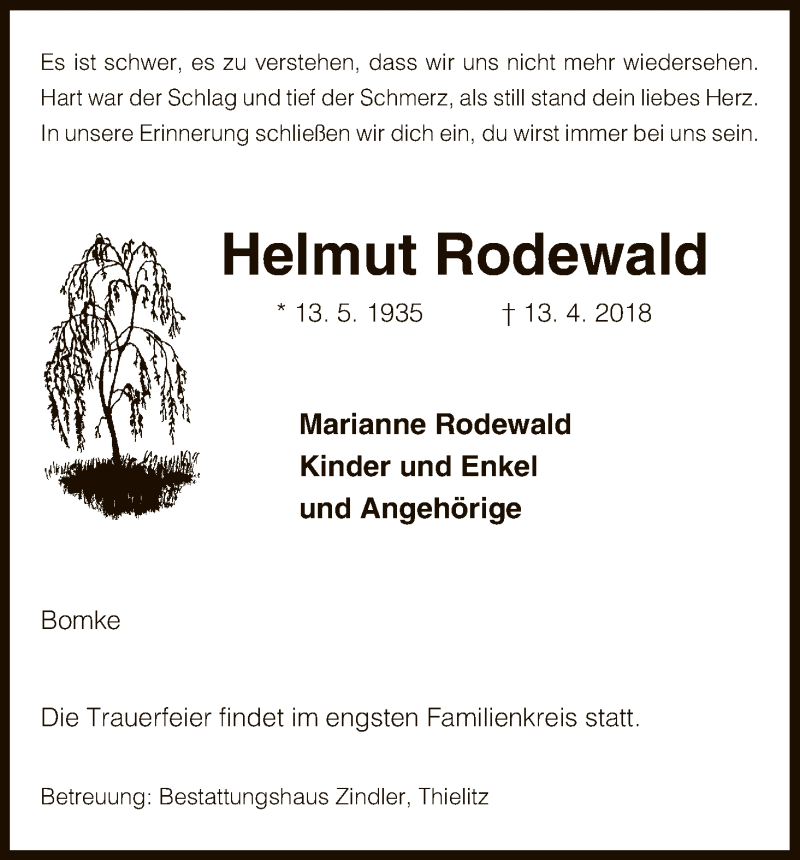  Traueranzeige für Helmut Rodewald vom 21.04.2018 aus Uelzen