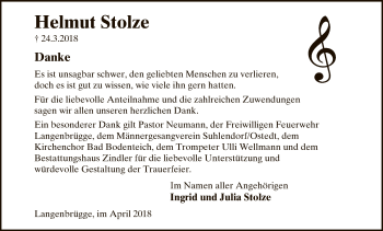 Traueranzeige von Helmut Stolze von Uelzen