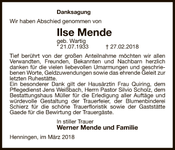 Traueranzeige von Ilse Mende von Uelzen