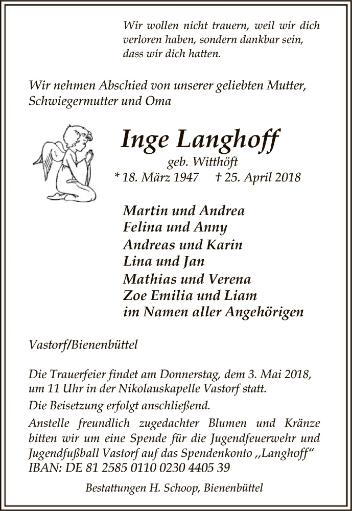  Traueranzeige für Inge Langhoff vom 28.04.2018 aus Uelzen