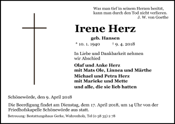 Traueranzeige von Irene Herz von Uelzen