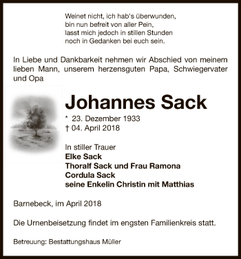 Traueranzeige von Johannes Sack von Uelzen