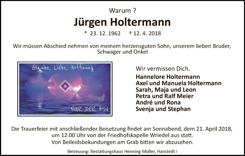  Traueranzeige für Jürgen Holtermann vom 18.04.2018 aus Uelzen