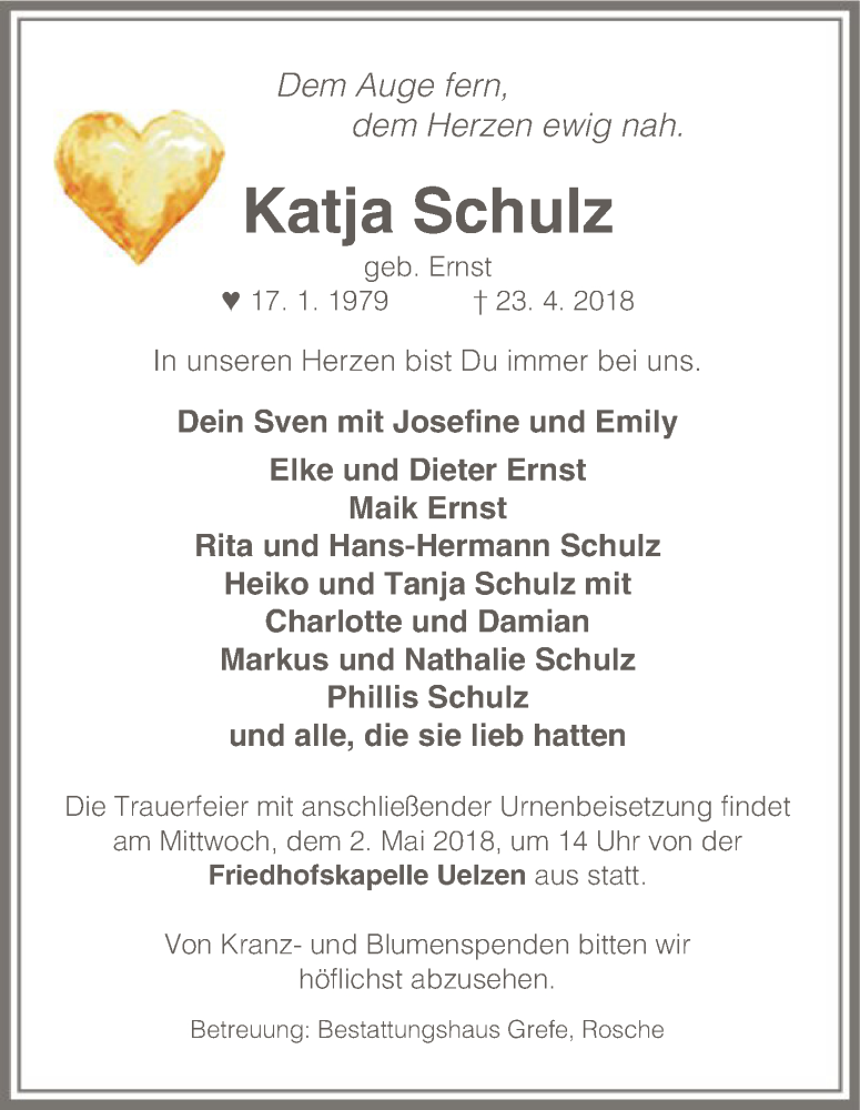 Traueranzeige für Katja Schulz vom 27.04.2018 aus Uelzen