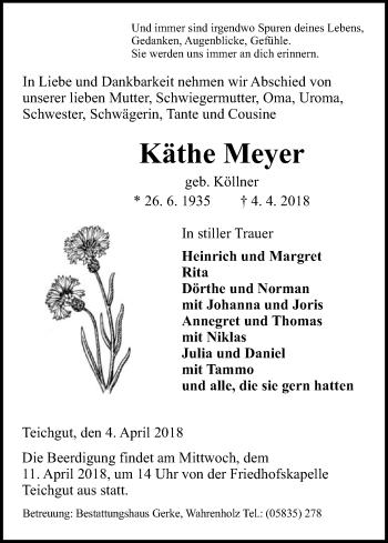 Traueranzeige von Käthe Meyer von Uelzen