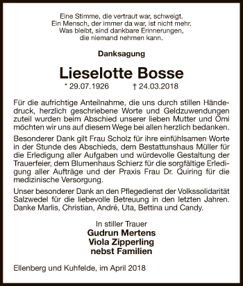 Traueranzeige von Lieselotte Bosse von Uelzen