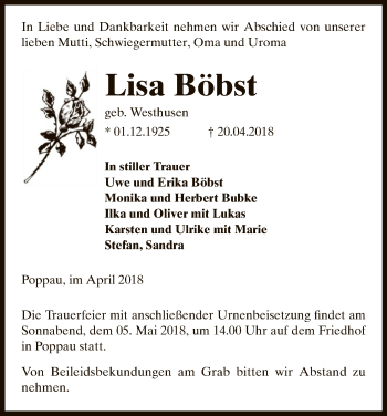 Traueranzeige von Lisa Böbst von Uelzen