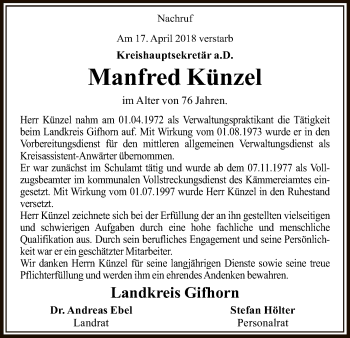 Traueranzeige von Manfred Künzel von Uelzen