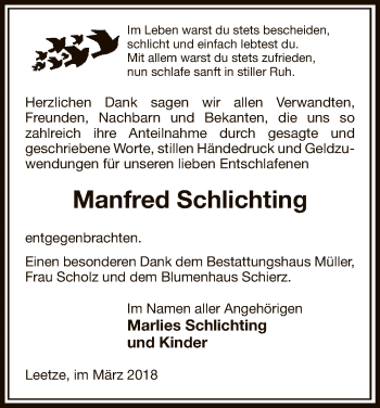 Traueranzeige von Manfred Schlichting von Uelzen