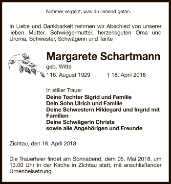 Traueranzeige von Margarete Schartmann von Uelzen