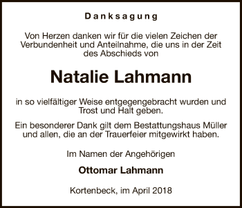 Traueranzeige von Natalie Lahmann von Uelzen