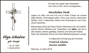 Traueranzeige von Olga Schulze von Uelzen