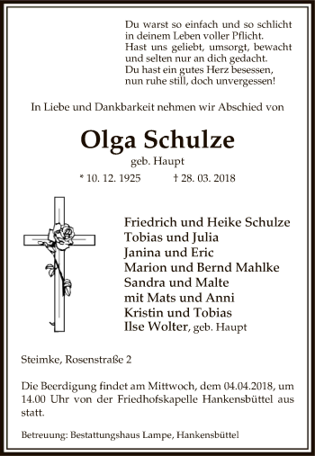 Traueranzeige von Olga Schulze von Uelzen