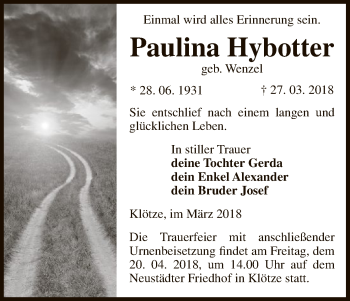 Traueranzeige von Paulina Hybotter von Uelzen