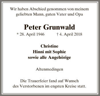 Traueranzeige von Peter Grunwald von Uelzen