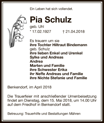 Traueranzeige von Pia Schulz von Uelzen