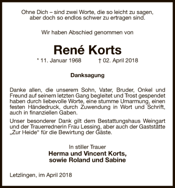 Traueranzeige von René Korts von Uelzen