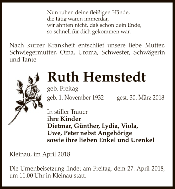 Traueranzeige von Ruth Hemstedt von Uelzen