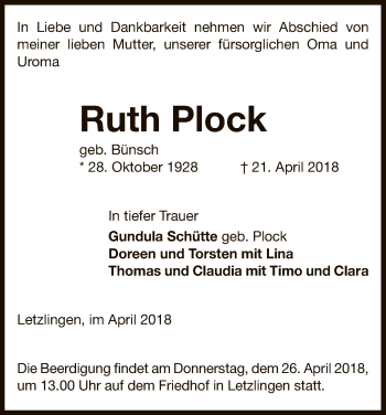 Traueranzeige von Ruth Plock von Uelzen