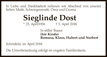 Traueranzeige von Sieglinde Dost von Uelzen