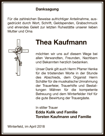 Traueranzeige von Thea Kaufmann von Uelzen