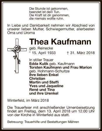 Traueranzeige von Thea Kaufmann von Uelzen