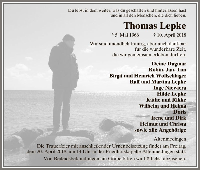  Traueranzeige für Thomas Lepke vom 14.04.2018 aus Uelzen