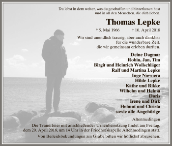 Traueranzeige von Thomas Lepke von Uelzen